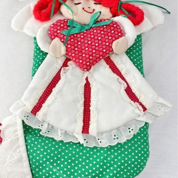 Handmade Quilted Angel Stocking Holding Heart Holiday Retro Vintage Decor - Picture 3 of 6